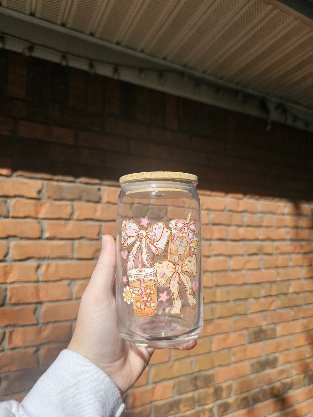 Decorative Pink Bow Glass Jar with Bamboo Lid